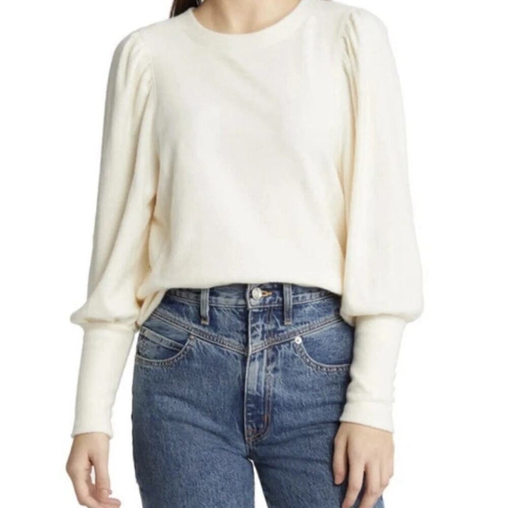 MADEWELL anthropologie ivory off white brushed puff sleeve cotton l/s top